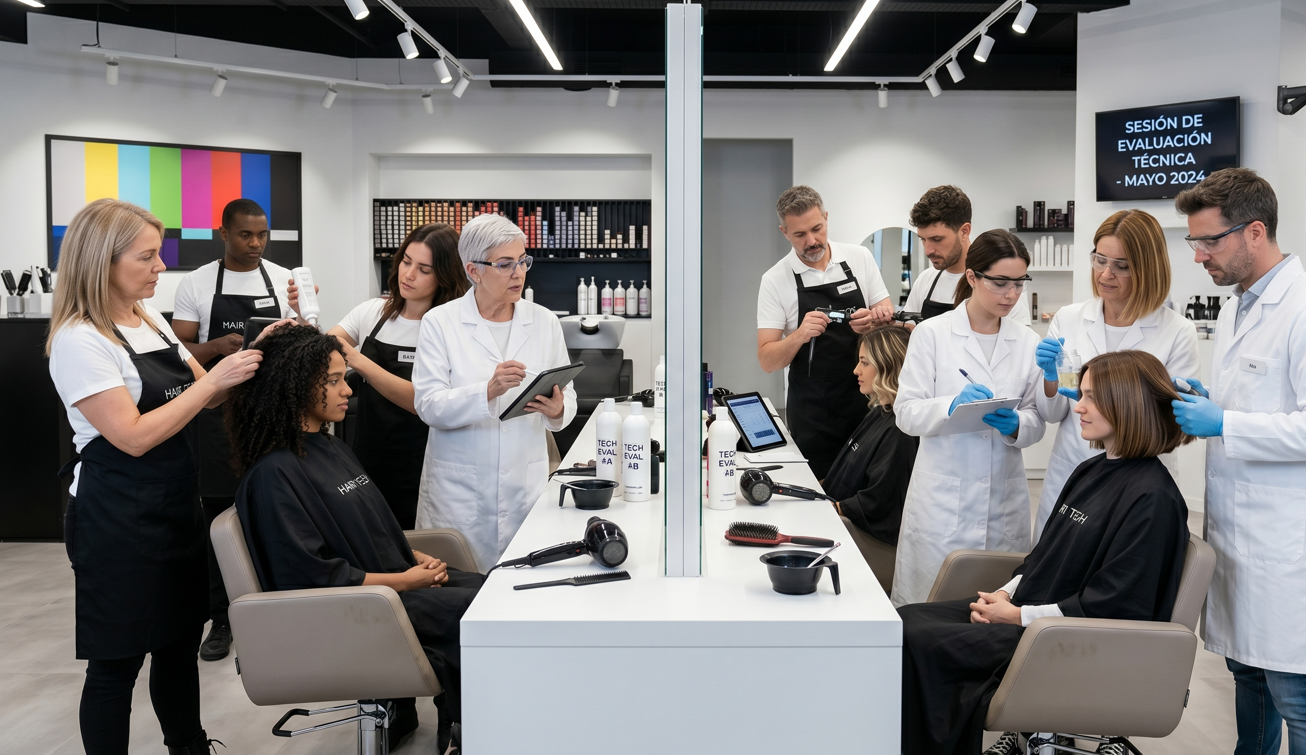 Estilistas evaluando productos cosméticos